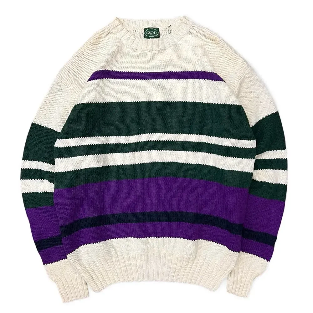 Vintage IZOD Striped Knit Sweater with Tags XL Cream Green Purple Jordan Marsh